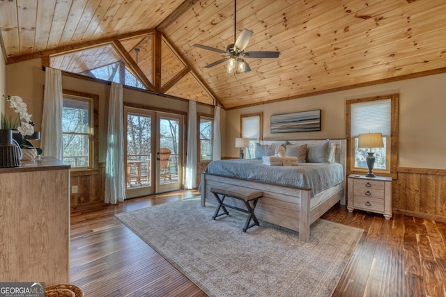 bedroom featuring wainscoting, wooden ceiling, wood finished floors, access to exterior, and french doors