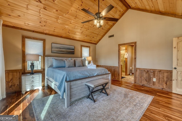 bedroom with ceiling fan, wood finished floors, visible vents, wood ceiling, and wainscoting