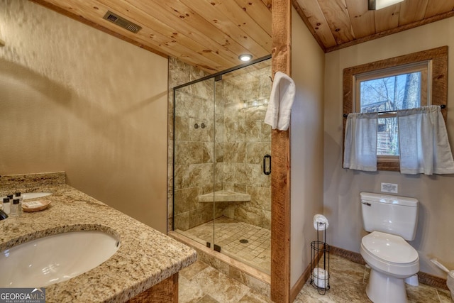 full bathroom featuring toilet, a sink, visible vents, wood ceiling, and a stall shower