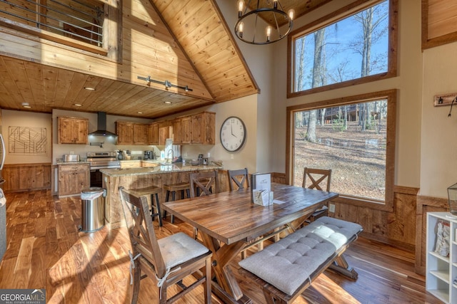 dining area with an inviting chandelier, high vaulted ceiling, wooden ceiling, light wood-style floors, and wainscoting