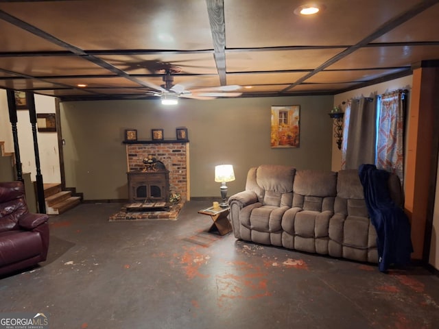 living room with unfinished concrete floors, recessed lighting, ceiling fan, and stairs