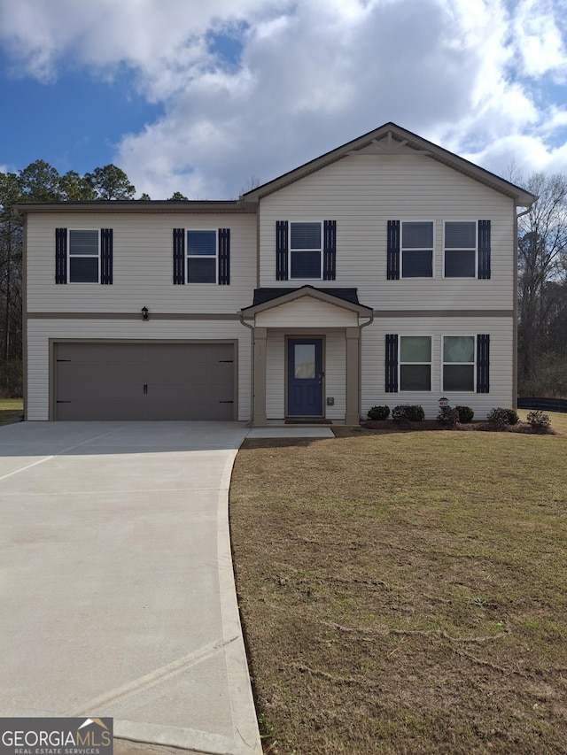 view of front facade featuring an attached garage, a front lawn, and concrete driveway