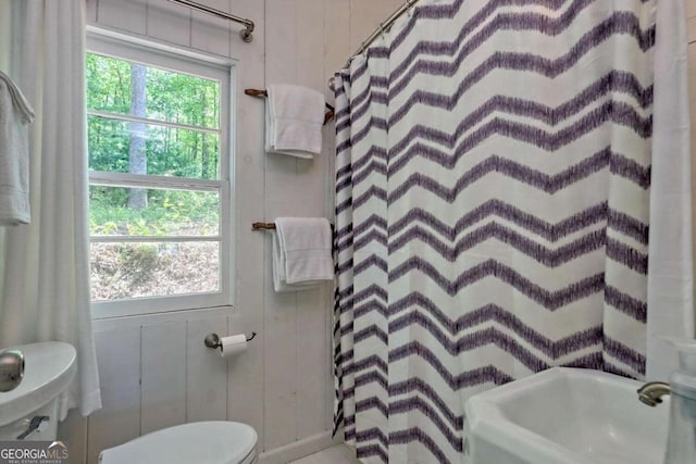 bathroom with toilet and a shower with curtain