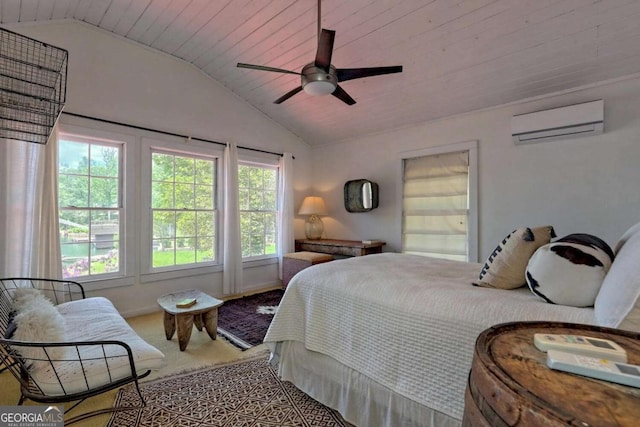 carpeted bedroom with wood ceiling, vaulted ceiling, a ceiling fan, and a wall mounted AC