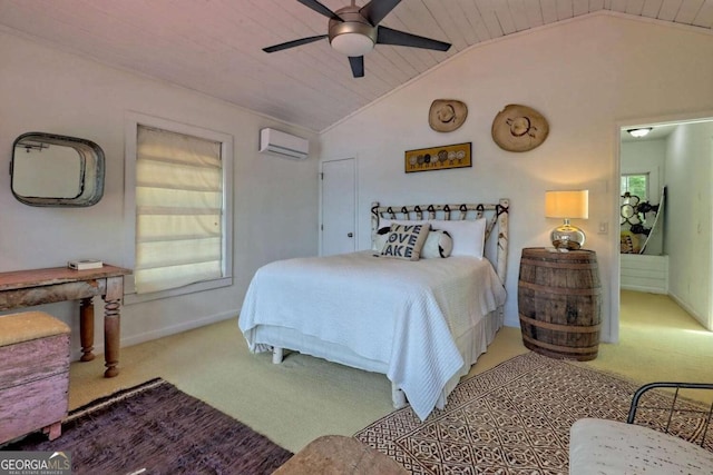 bedroom featuring multiple windows, a wall mounted air conditioner, and carpet flooring