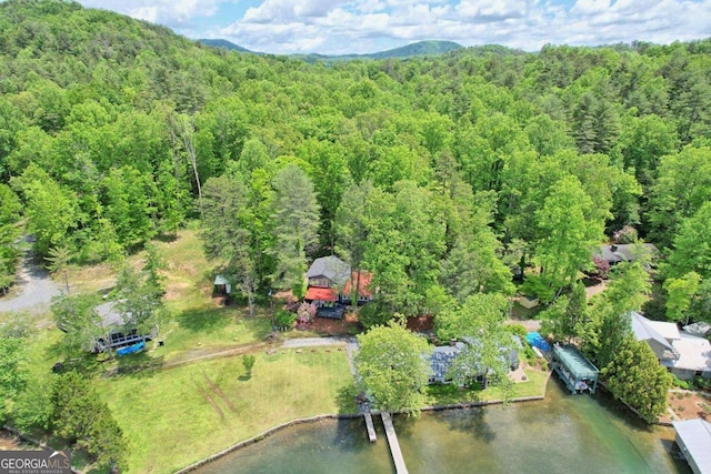 aerial view with a water view and a wooded view