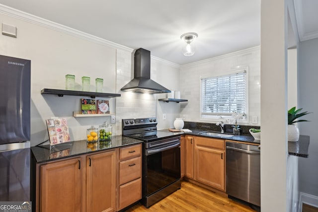 kitchen featuring electric stove, open shelves, stainless steel dishwasher, a sink, and wall chimney range hood