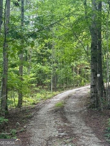 view of street featuring a wooded view