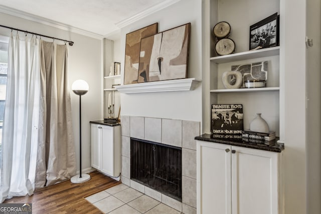 living room with light wood-type flooring, built in shelves, a fireplace, and ornamental molding