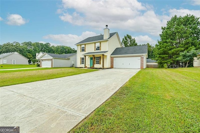 colonial inspired home with an attached garage, a chimney, a front lawn, and concrete driveway