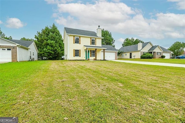 view of front of house with a garage, driveway, a chimney, a residential view, and a front lawn