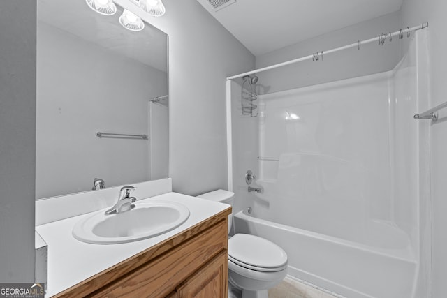 bathroom featuring visible vents, shower / tub combination, vanity, and toilet