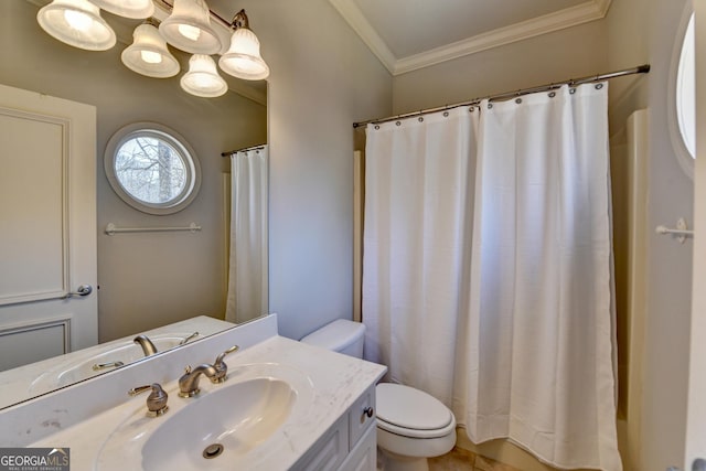 bathroom with ornamental molding, curtained shower, vanity, and toilet