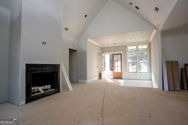 unfurnished living room with a fireplace, visible vents, ornamental molding, high vaulted ceiling, and baseboards