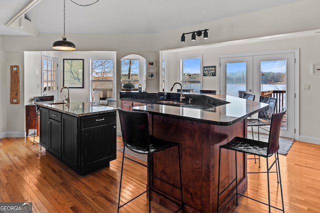 kitchen featuring a sink, light wood finished floors, a breakfast bar, dark cabinetry, and a kitchen island with sink