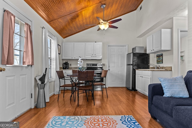 dining space featuring light wood-type flooring, high vaulted ceiling, wood ceiling, visible vents, and a ceiling fan