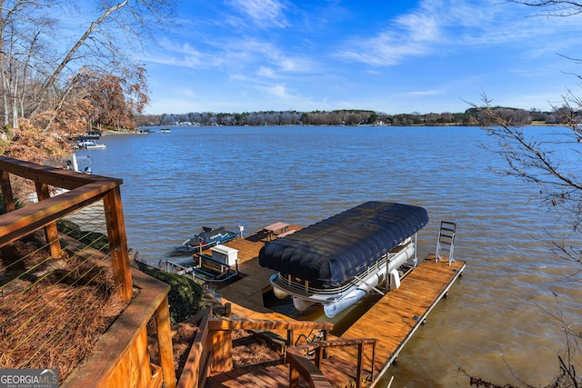 dock area with boat lift and a water view