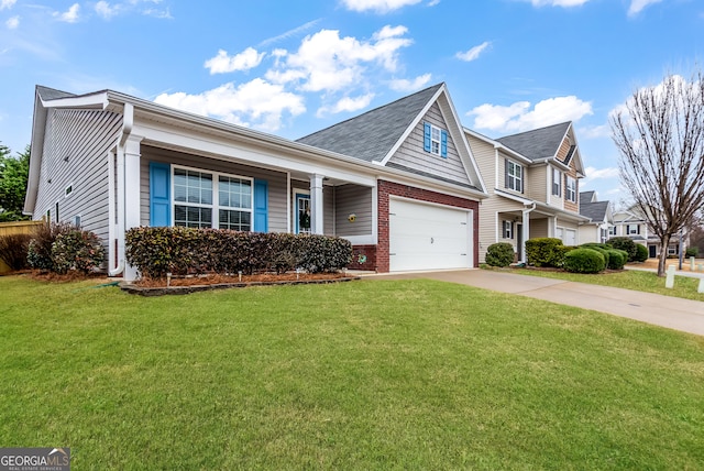 view of front of property with a garage, concrete driveway, brick siding, and a front lawn