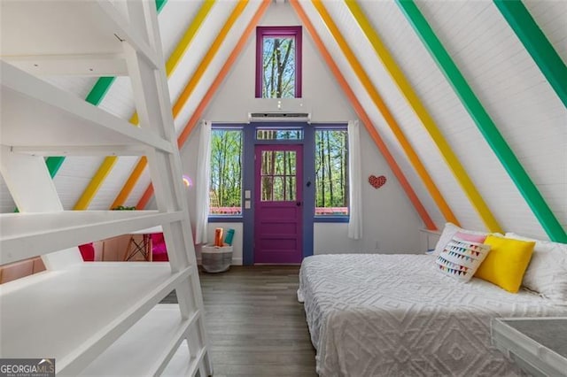 bedroom with beam ceiling, high vaulted ceiling, and dark wood-style flooring