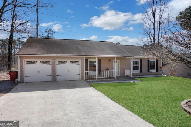 ranch-style home featuring a porch, a garage, a shingled roof, concrete driveway, and a front lawn