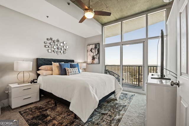 bedroom featuring carpet, access to outside, ceiling fan, and expansive windows