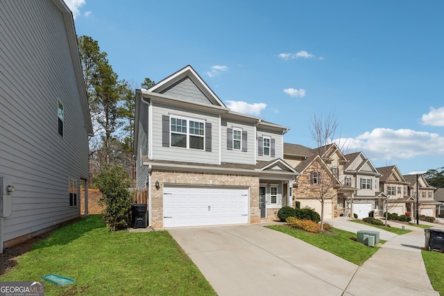 view of front of property with a front yard, a residential view, concrete driveway, and brick siding