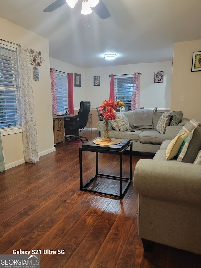 2335 Boulder Rd SE, Atlanta, GA 30316 - living room featuring a healthy amount of sunlight, baseboards, hardwood / wood-style floors, and a ceiling fan