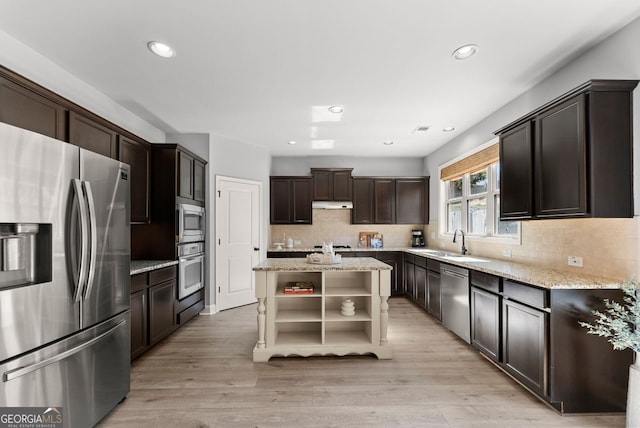 kitchen with stainless steel appliances, dark brown cabinets, under cabinet range hood, open shelves, and a sink