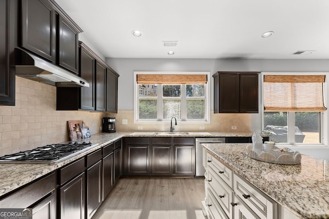 kitchen featuring light stone counters, under cabinet range hood, stainless steel appliances, a sink, and visible vents