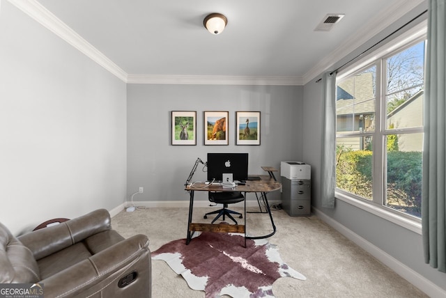 carpeted office with baseboards, visible vents, and ornamental molding