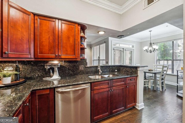 3777 Peachtree Rd NE Unit 911, Atlanta, GA 30319 - kitchen featuring open shelves, hanging light fixtures, a sink, dark stone countertops, and dishwasher
