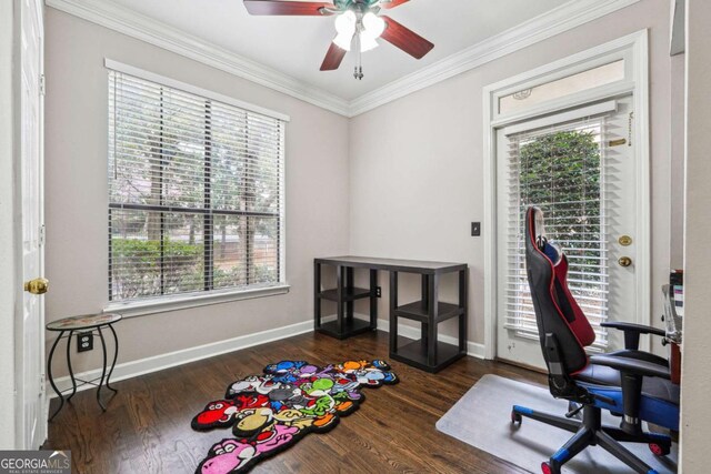 3777 Peachtree Rd NE Unit 911, Atlanta, GA 30319 - office space featuring ornamental molding, dark wood finished floors, a ceiling fan, and baseboards