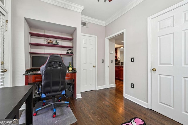 3777 Peachtree Rd NE Unit 911, Atlanta, GA 30319 - office space with ornamental molding, dark wood-style flooring, visible vents, and baseboards