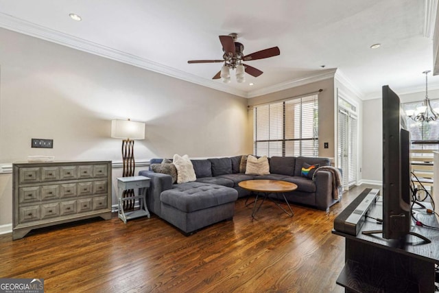 3777 Peachtree Rd NE Unit 911, Atlanta, GA 30319 - living area with recessed lighting, dark wood-type flooring, ornamental molding, baseboards, and ceiling fan with notable chandelier