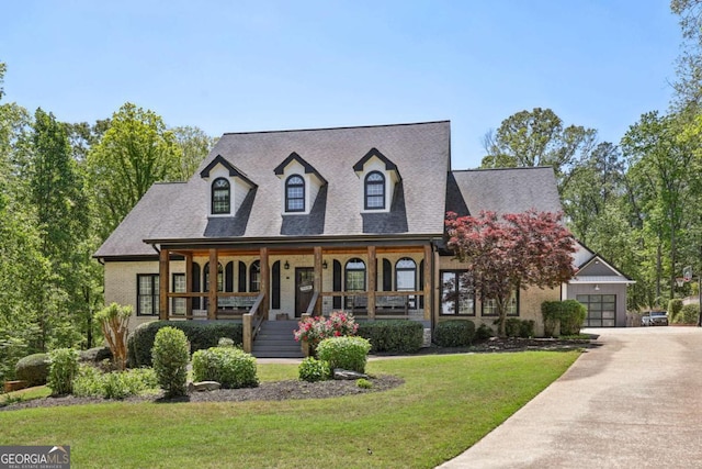 view of front of house featuring covered porch, a front lawn, a detached garage, and brick siding