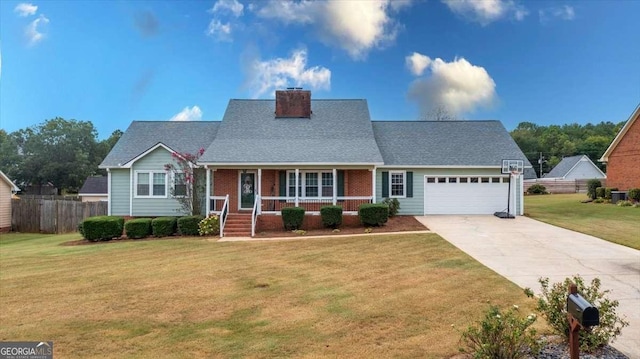 view of front of home with brick siding, a porch, concrete driveway, an attached garage, and a front lawn