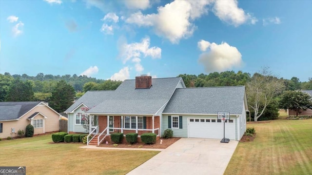 view of front of home featuring a porch, an attached garage, brick siding, concrete driveway, and a front yard