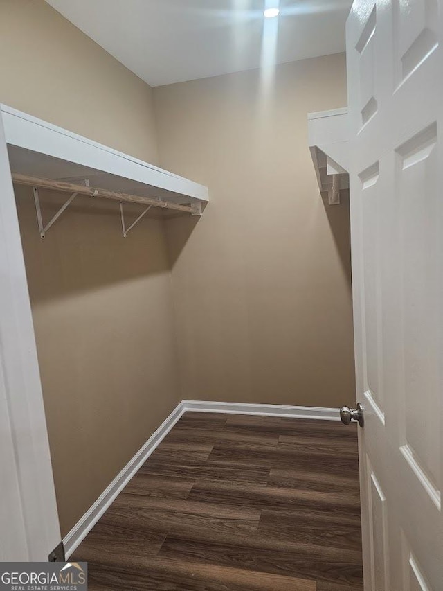 spacious closet with dark wood-style flooring