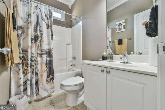 full bathroom with toilet, shower / bath combo, vanity, and tile patterned floors