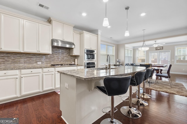 kitchen featuring decorative light fixtures, a center island with sink, a sink, light stone countertops, and under cabinet range hood