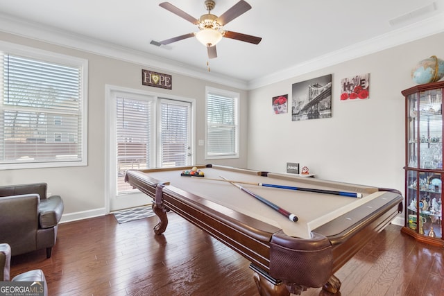 playroom featuring ceiling fan, visible vents, ornamental molding, and dark wood finished floors