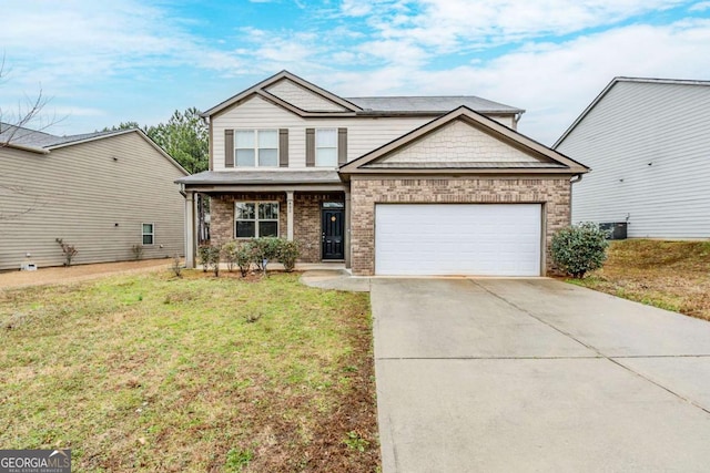 view of front of property featuring an attached garage, a front lawn, concrete driveway, and brick siding