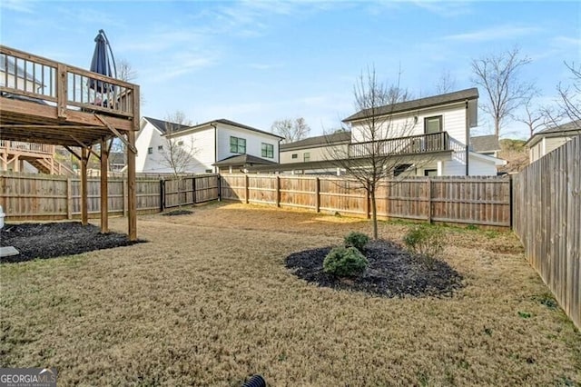 view of yard featuring a fenced backyard and a wooden deck