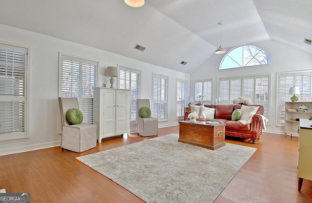 living area with plenty of natural light, vaulted ceiling, and light wood-type flooring