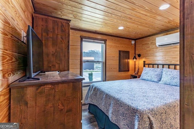 bedroom featuring dark wood finished floors, recessed lighting, a wall mounted AC, wooden walls, and wooden ceiling