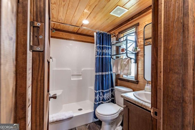 bathroom with a stall shower, wooden ceiling, visible vents, and vanity