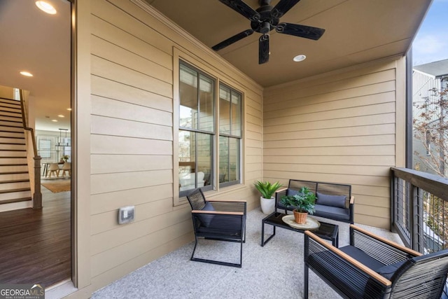 balcony with a ceiling fan