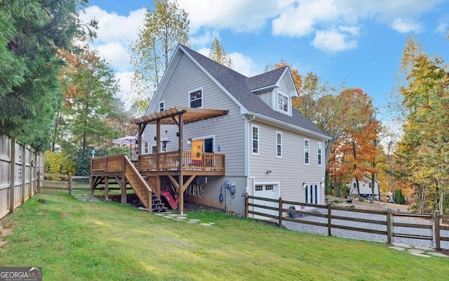 exterior space with a wooden deck, a fenced backyard, stairway, a yard, and a pergola