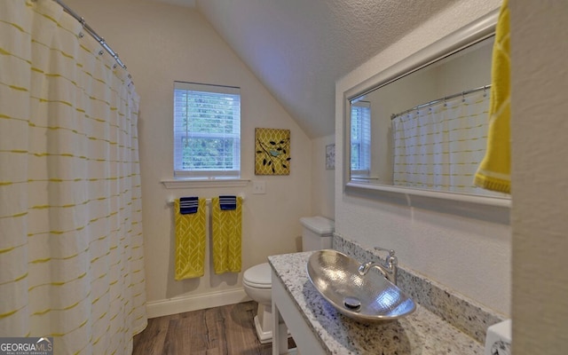 bathroom featuring lofted ceiling, toilet, a sink, a textured ceiling, and wood finished floors