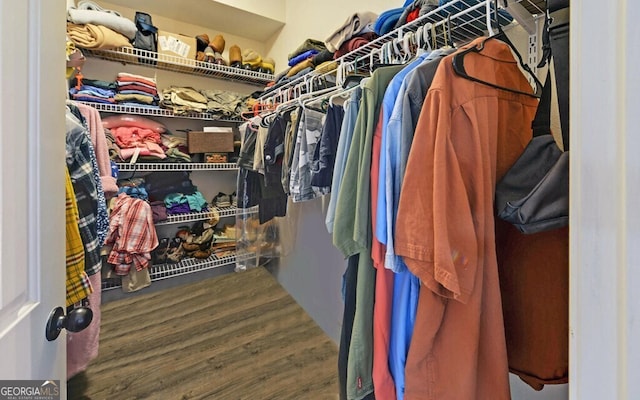 walk in closet with wood finished floors